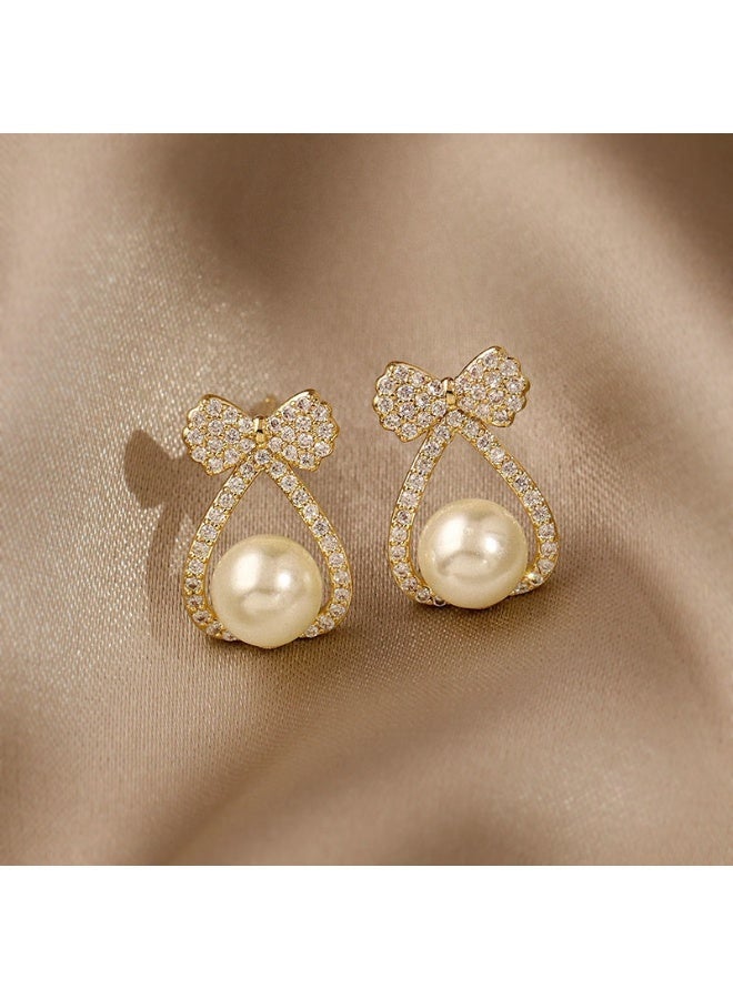 Ucanbe Delicate Bow Pearl Stud Earrings | S925 Silver Needle | Minimalist & Elegant for Women - Image 1